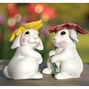 VTG Fitz & Floyd Bunny Blooms Salt Pepper Shakers Ceramic Rabbit Sunflower 4.25"